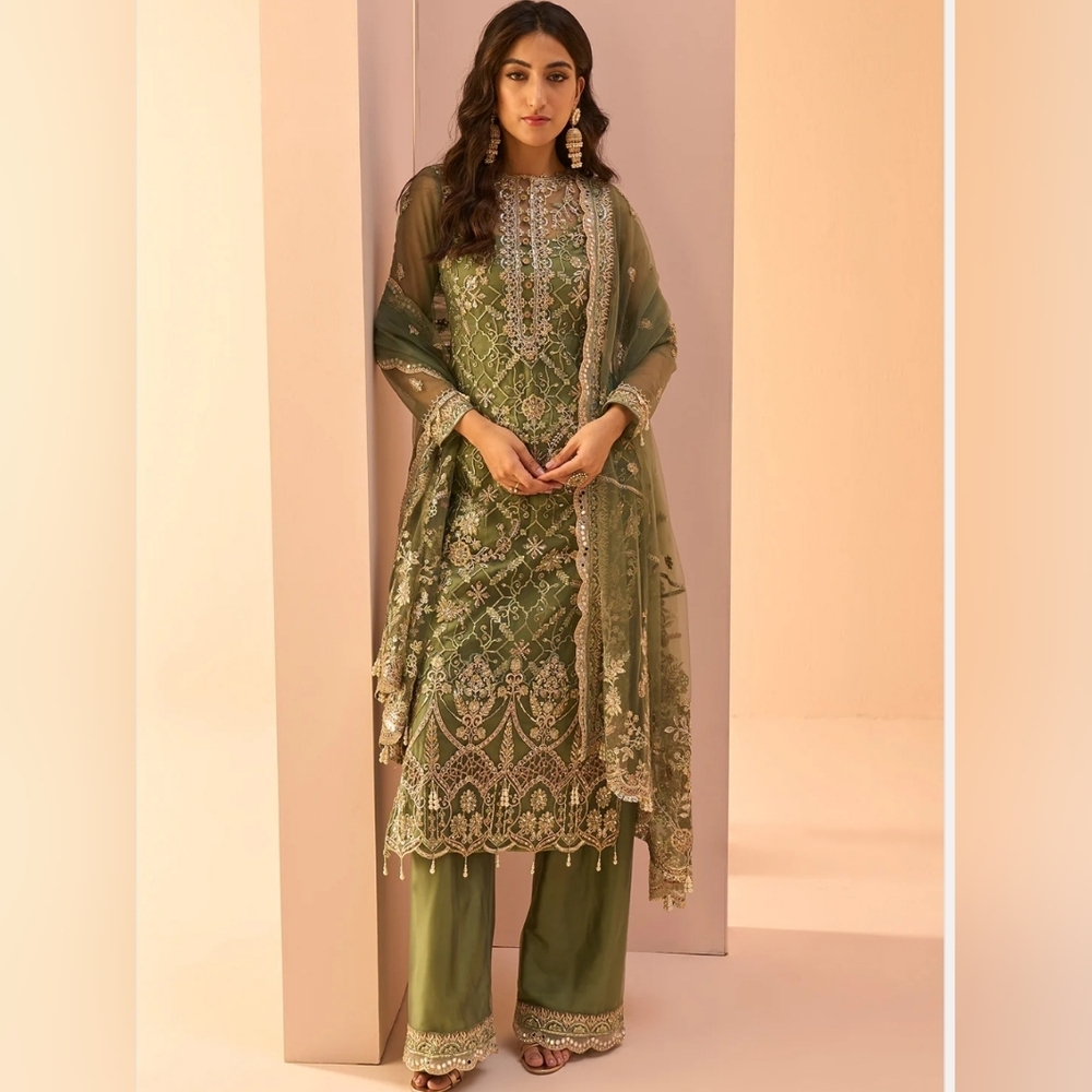 Dusty Green Embroidered Palazzo Suit